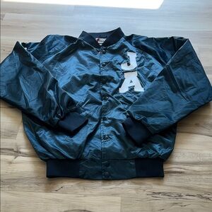 Stylish Dark Blue Varsity Jacket with White Accents